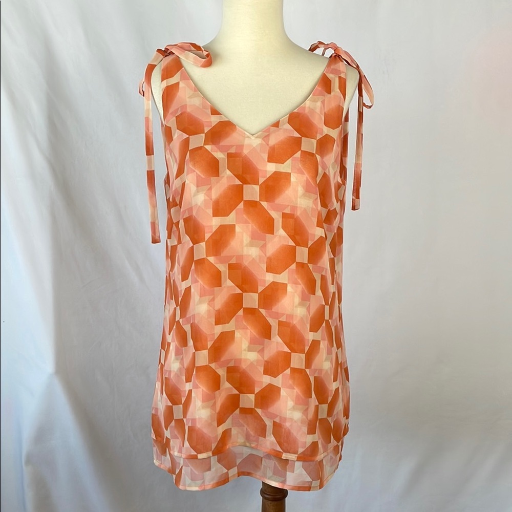 CAbi Orange,  Pink and Cream Tiered Sleeveless Blouse with Tie Details -  Size S